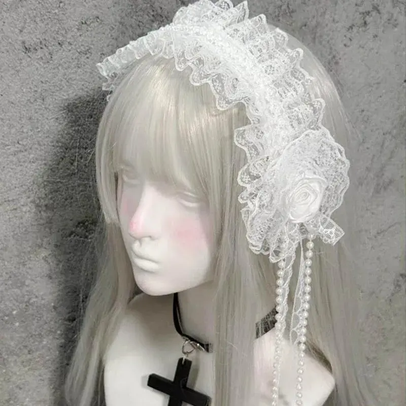 Gothic Lolita Lace Headband with Rose Flower Pearl Tassel Black White Frilled Headdress for Women Cosplay Party Hair Accessories