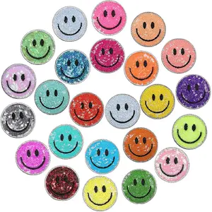 24 Pcs Sequin Smile Face Iron on Patches Face Patches 2 Inch Shiny Glitter Cute Preppy Heat Sequins Applique for Hats Backpacks Clothes Jackets Decorative DIY Craft
