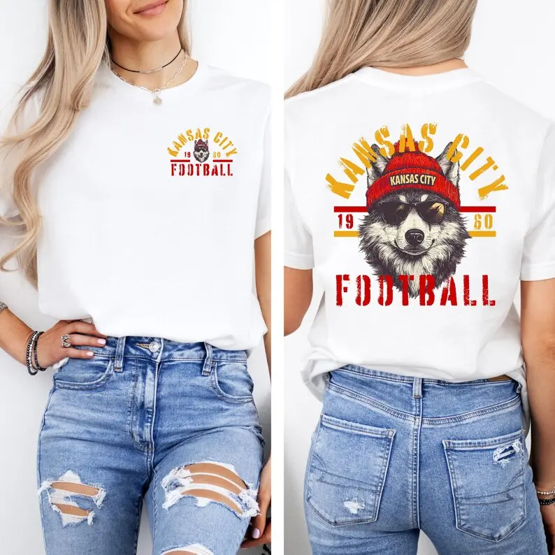 Kansas City Football Double Sided T-shirt, KC Football Mascot Tee, Wolf Shirt, Mascot Football Apparel, Kansas City Football Shirt, KC Pocket T-shirt