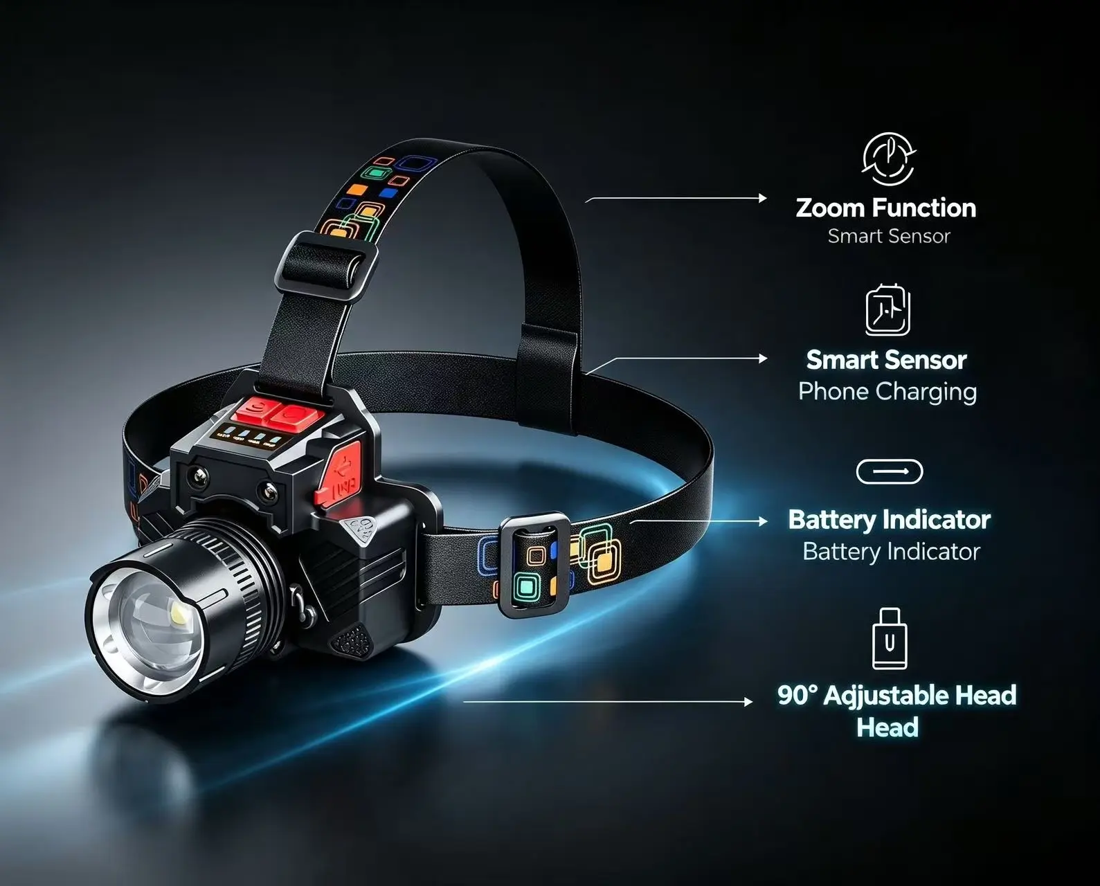 Zoomable LED Headlamp, USB Rechargeable with Smart Motion Sensor, 90° Adjustable Angle, Water Resistant for Camping, Outdoor Working
