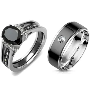 Lanyjewelry 3-Pieces Wedding Set - Women's Black Oval-Shape CZ Promise Ring, Men's Bezel-Set CZ Wedding Band, Three-Pieces