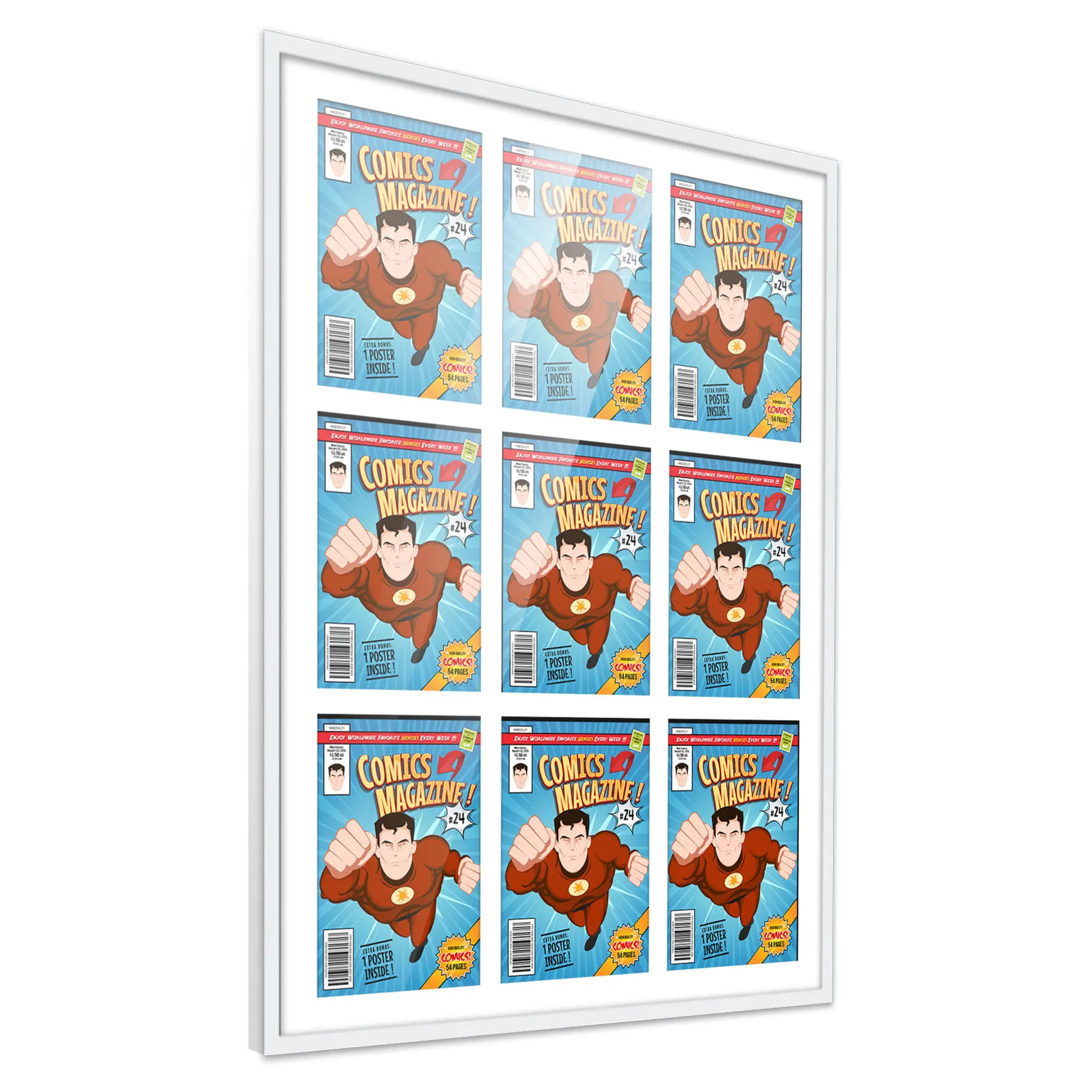 Comic Book Frame with Mat for 9 Current Era Comics Published After 1985 - White Wood Comic Frame With White Mat for 6.875x10.5 Comics - 29x38.5 Frame Size
