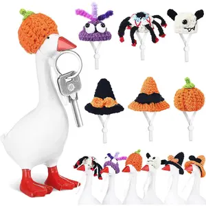 6 Pcs Mini Knitted Hats 7 Inch Goose Outfits Hat with Adjustable Strap Mini Porch Goose Headwear for Statue Key Holder