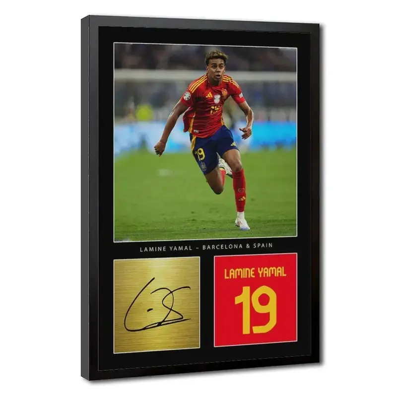 Lamine Yamal Framed Autograph Mockup Canvas Poster - Black Frame, Metal Plexiglass, Fade-Resistant, UV-Resistant, Non-Toxic, Minimalist Design, 1-Piece Personalized Home Decor with Hanging Kit, Ready-to-Hang Soccer Wall Art for Football Fans' Rooms, One-P