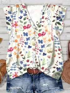 Cute Printed Women's Top, New Arrival Ladies V-Neck Flutter Sleeve Fashion Shirt, Stylish and Trendy Upperwear for Daily Wear