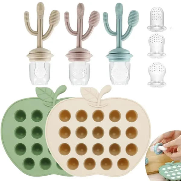 2 Pack Baby Breastmilk Popsicle Molds & 3 Pack Baby Fruit Food Feeder Pacifier, Baby Fruit Food Feeder Teether Tray Ice Cube Maker, Silicone Feeder Cactus Shape Teething Toy 3 Sizes Pouches