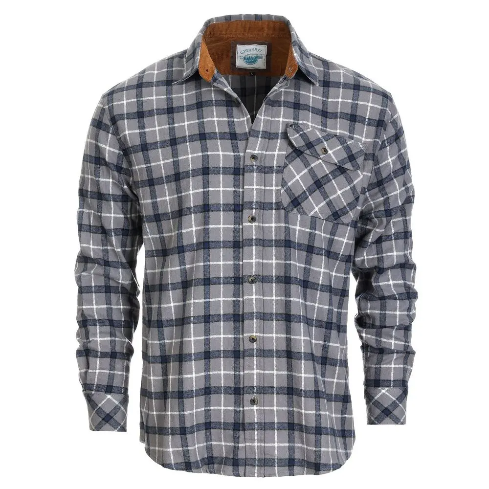 Gioberti Men's Casual Plaid Flannel Shirt, Long Sleeve 100% Brushed Cotton Button-Down with Corduroy Contrast, Garment, Basic