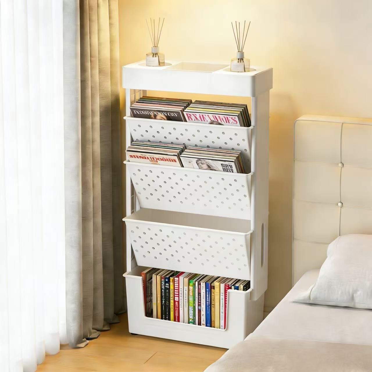 Five-tier rolling side storage cart for desks, multi-layer rolling file organizer, large-capacity book and magazine stand, desktop bookshelf, freestanding desk rolling cart, rolling file cabinet/shelf, movable folder storage cart—suitable for home offices