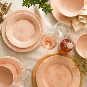12-Piece Dinnerware Set for 4 - Hand-Painted Portuguese Stoneware - Porto Petals - Blush Pink