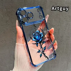 Blue Thorned Rose Pattern Phone Case for iPhone 17 Pro Max 16 15 Plus Air 14 13 12 11 E Four Corners Air Cushion Anti-drop Silicone Shockproof Cellphone Cover