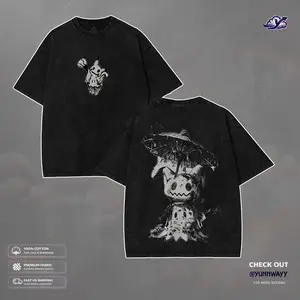 Mimikyu - PKM Grunge Aesthetic Washed T-shirt, 90s Vintage Anime Streetwear Tee, Unisex Heavyweight Cotton T-shirt for Anime Fans