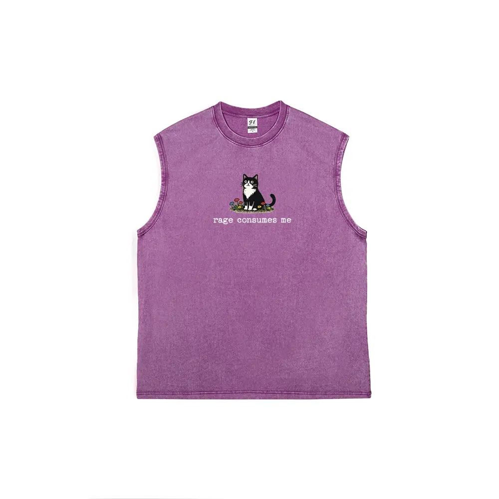 Rage Consumes Me Fun Cat Men's vintage washed pure cotton vest