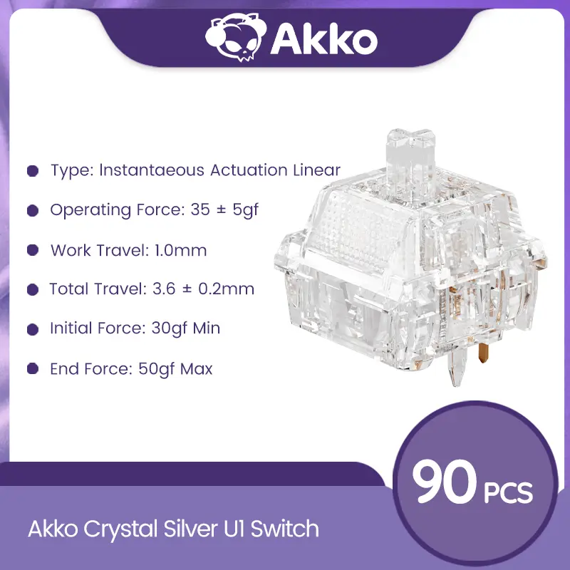 90pc Transparent Keyboard Switches, Akko Crystal Silver U1, 5-Pin 35 Pre Lubed Linear Switches with LED Diffuser for Mechanical Gaming Keyboard