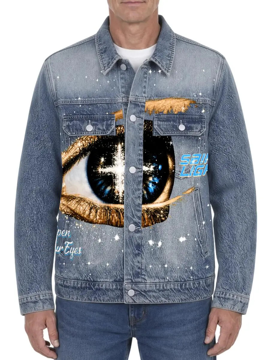 Everyday Urban Outfit Essential Denim Trucker Jacket Featuring Cosmic Vision Inspired Artwork For Versatile Seasonal Layering Combinations