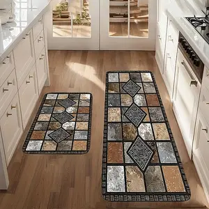 1PCS One 2D Flat Kitchen Mat Classic Geometric Stone Pattern Retro Country Style Farmhouse Decorative Mat Made of Flannel Material Soft  for Bedrooms Living Rooms Dining Rooms Kitchens Bathrooms Set Non-Slip floor mat Doormat Carpet rug bath flooring