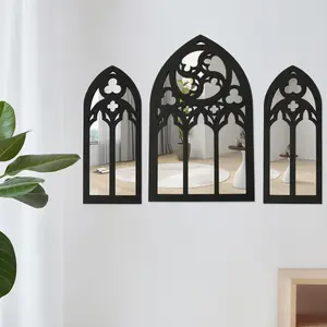 3Counts Arched Window Wall Mirror Set Gothic Wall Mirror Decor Cathedral Arched Mirror Decor Self-Adhesive Arched Wall Mirror for Living Room Bedroom Bathroom Vanity Entryway 18.4x30cm 9.2x21.8cm