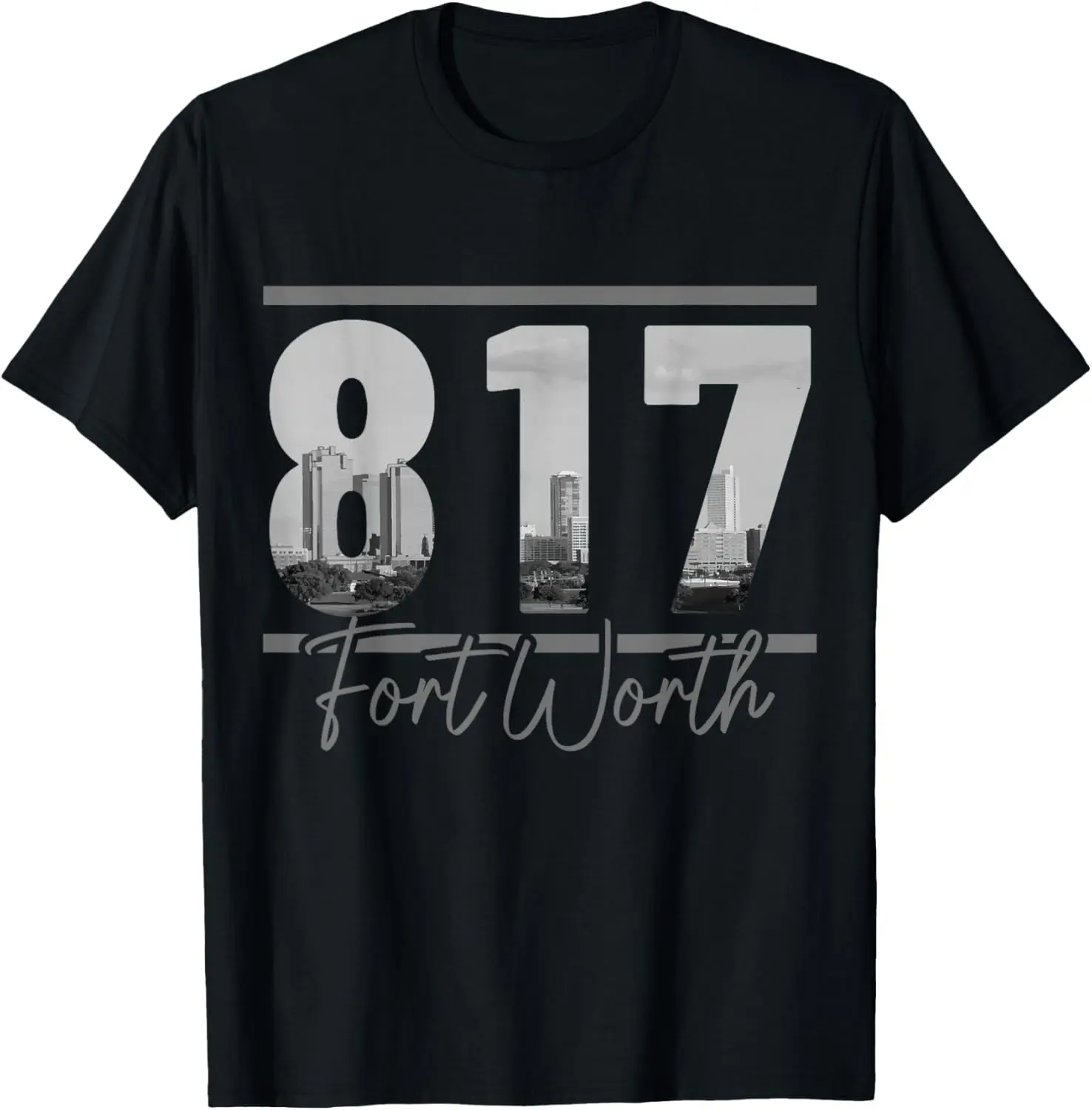 Women's 100% Cotton Short-Sleeve Everyday Tshirt - Distressed Graphic, Round Neck, Fort Worth 817 Area Code Skyline, Texas Pride Vintage Casual Top