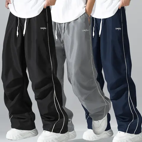 3-piece set of men's sports jogging pants, side striped decorative pants, straight leg loose sports pants, comfortable, breathable, lightweight pants suitable for daily leisure sports,sohochic