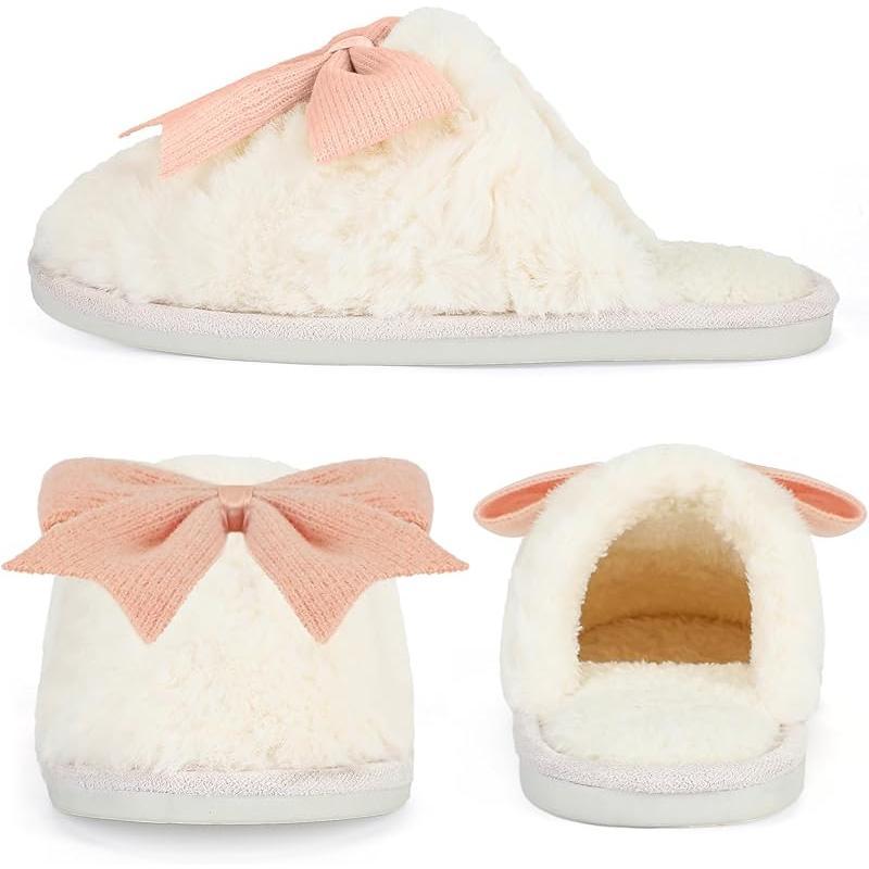 Plush Popular Fuzzy Cute Bow Slippers For Women, Non - Slip, Winter Warm Cozy House Slippers Indoor Outdoor Shoes Girl Footwear
