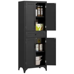 HOMCOM 67" Tall Freestanding Kitchen Pantry Cabinet, 4-Door Storage Cabinet with Drawer and Adjustable Shelves for Dining Room, Gray