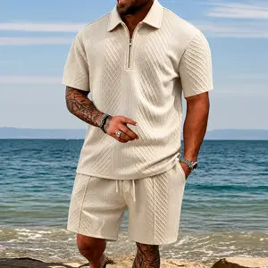 Men's summer casual texture fabric solid color zipper polo shirt T-shirt shorts 2-piece set, loose fit suitable for casual sports, breathable and cool, essential summer outfit, comfortable and versatile  Menswear Plain