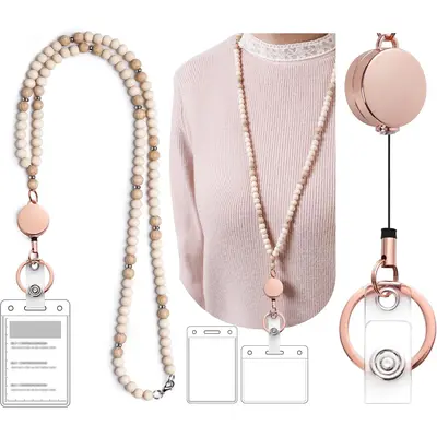 Women's Retractable ID Badge Lanyard - Stainless Steel Chain Necklace Style, Gold, 34" With 14" Reel - View #3