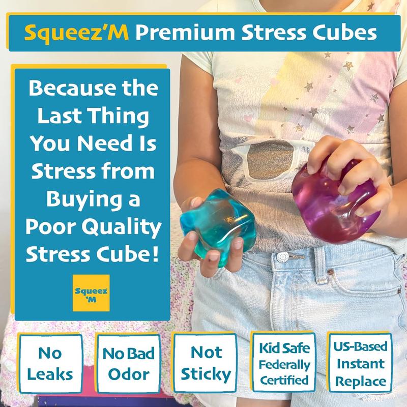 Premium Big Block Squeez'M Cube – 35% Larger Squishy Toy for Kids & Adults – Sensory Fidget for Stress Relief, Focus & Play – Colorful, Durable - Giftable for Unique Holiday, Birthday & Office Gift – Focus & Fun – US Brand & Instant Replace Policy, 3+