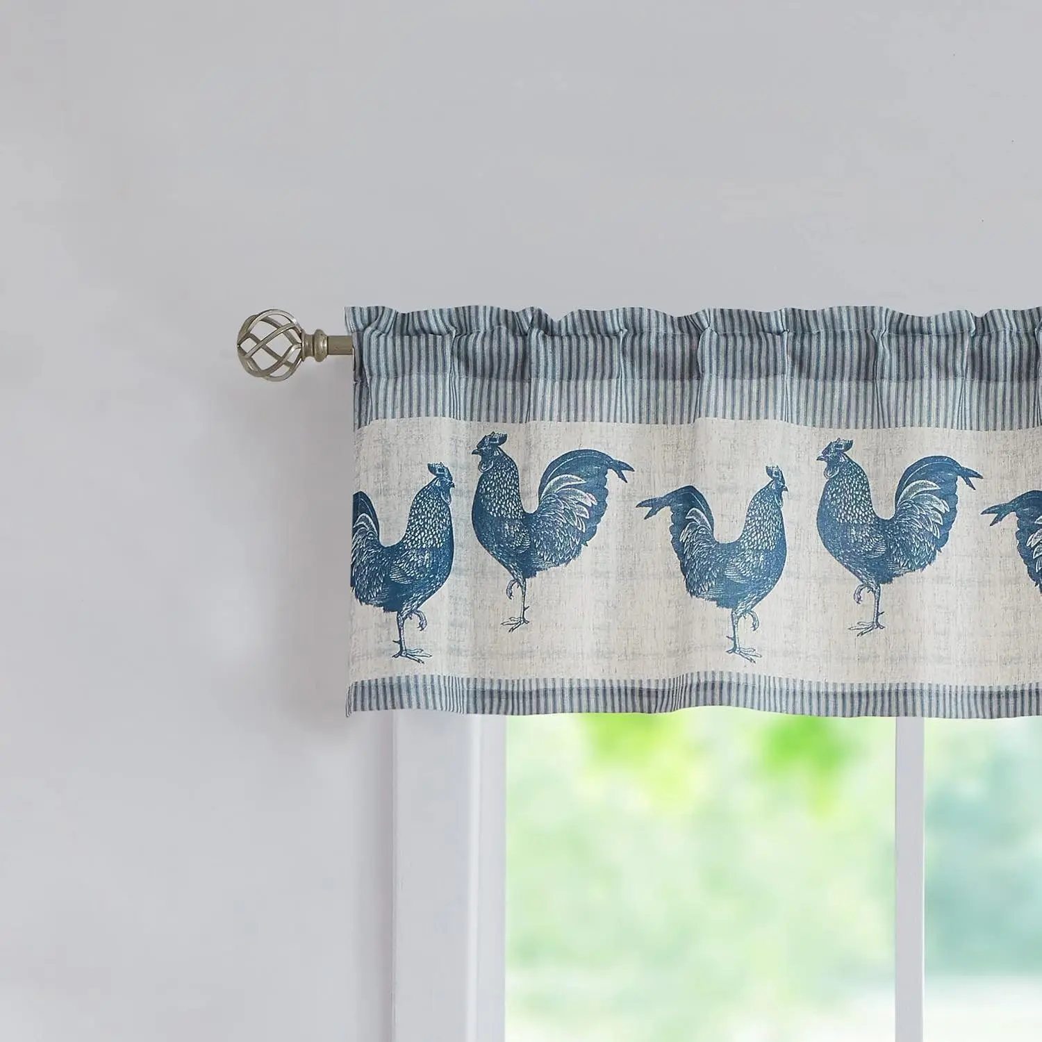 Farmhouse Rooster Kitchen Boho Rustic Linen Rod Pocket, Small Stripe Window Curtains for Living Room,Kitchen, Bathroom and Cafa 54"x 15",Blue