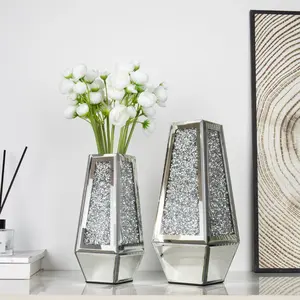 SHYFOY Crushed Diamond Mirrored Vases Set of 2, Silver Glass Flower Vases for Table Home Decor  - Can’t Hold Water Ornaments