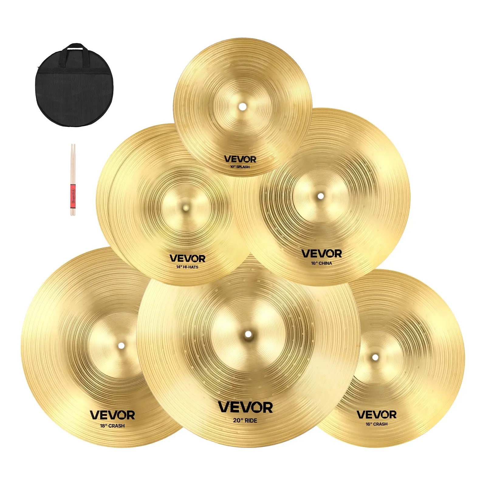VEVOR Cymbal Pack, 6 Pieces Cymbals for Drum Set, Alloy Cymbals Drum Set Includes 14-inch Hi-Hats, 16-inch Crash, 18-inch Crash, 20-inch Ride, 10-inch Splash, 16-inch China, Drumsticks Cymbal Bag