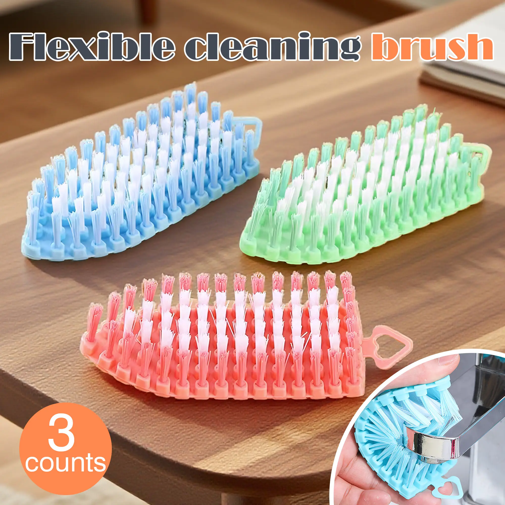 3-Count Flexible Cleaning Brush Set - Form-Fitting Bendable Brush for Toilet, Kitchen Groove and Gap Cleaning, Home Care Cleaner Tool