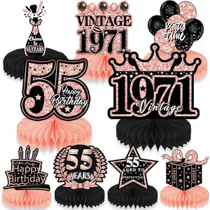 Birthday Party Decorations - 9PCS Vintage 55th Birthday Table Decor for Women Rose Gold Cheers to 55 Years Old Birthday Decor Chic Honeycomb