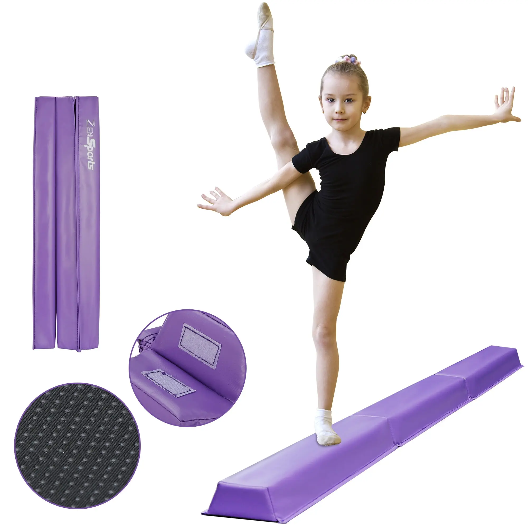Zeny Gymnastics Balance Beam, 9FT Tri-Fold Purple PVC Equipment for Kids' Home Training, Portable with Anti-Slip Base and EPE Foam Core, 107.4’ Long, Workout Equipment, Sturdy, 160 Lbs, 9Ft Long