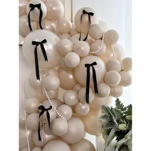 185Pcs Double Stuffed White Sand Balloon Arch Kit With Black Bows, Pearl White Balloons Different Sizes 18" 12" 10" 5" For Birthday Wedding Bridal Shower Party Baby Shower Decoration