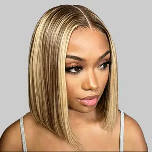 P4/613 Short Bob Wig Highlight Wig Human Hair Glueless Honey Blonde HD Lace Front Wig Super Double Drawn Bone Straight Lace Frontal Wig Brazilian Colroed 100% Human Hair Wigs Pre Plucked 180 Density