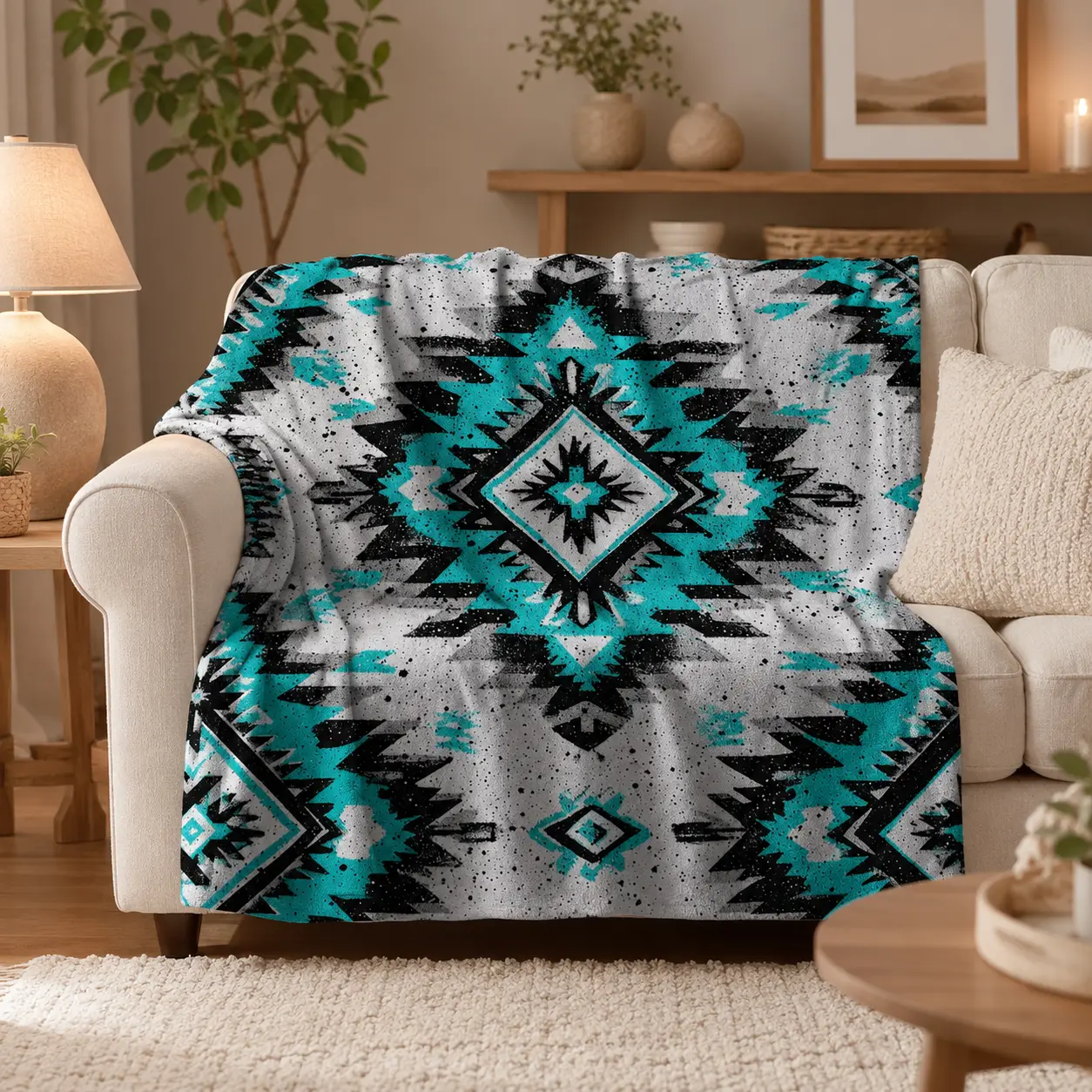 Southwest Native Tribal Turquoise Geometric Aztec Print Flannel Throw Blanket, Lightweight Soft Fuzzy Plush Blanket for Couch Bed Sofa, All Season Cozy, Western Boho Decor Gift, Vintage Distressed Ethnic Pattern Bedroom Living Room Home Decor