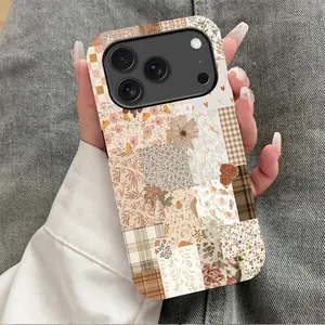 Quilt Patchwork Phone Case, Brown Gingham Floral Pattern Cover, Neutral Tones Aesthetic Collage, Rustic Farmhouse Design