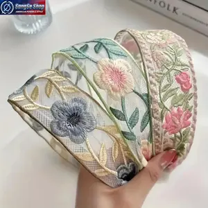 3-Piece Embroidered Headband Set 2026 Trend Girls Floral Ethnic Design Wide Soft Comfortable Hair Bands Cute Kids Headwear Fashion Accessories for School Daily Wear Birthday Parties Photo Shoots and Casual Styling
