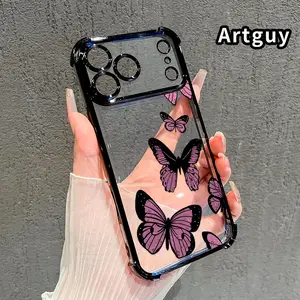 Butterfly Reverie Pattern Four Corner Anti-Fall Phone Case Transparent Electroplated Protective Cover for iPhone 17 Pro Max 16 Air 15 Plus 14 13 12 11 E