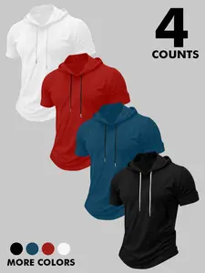 Men's 4-Pack Short Sleeve Hooded Workout Shirts, Quick Dry Athletic Gym Tops, Slim Fit Curved Hem Casual Hoodie Tees for Training, Running, Fitness #tiktokmademebuyit