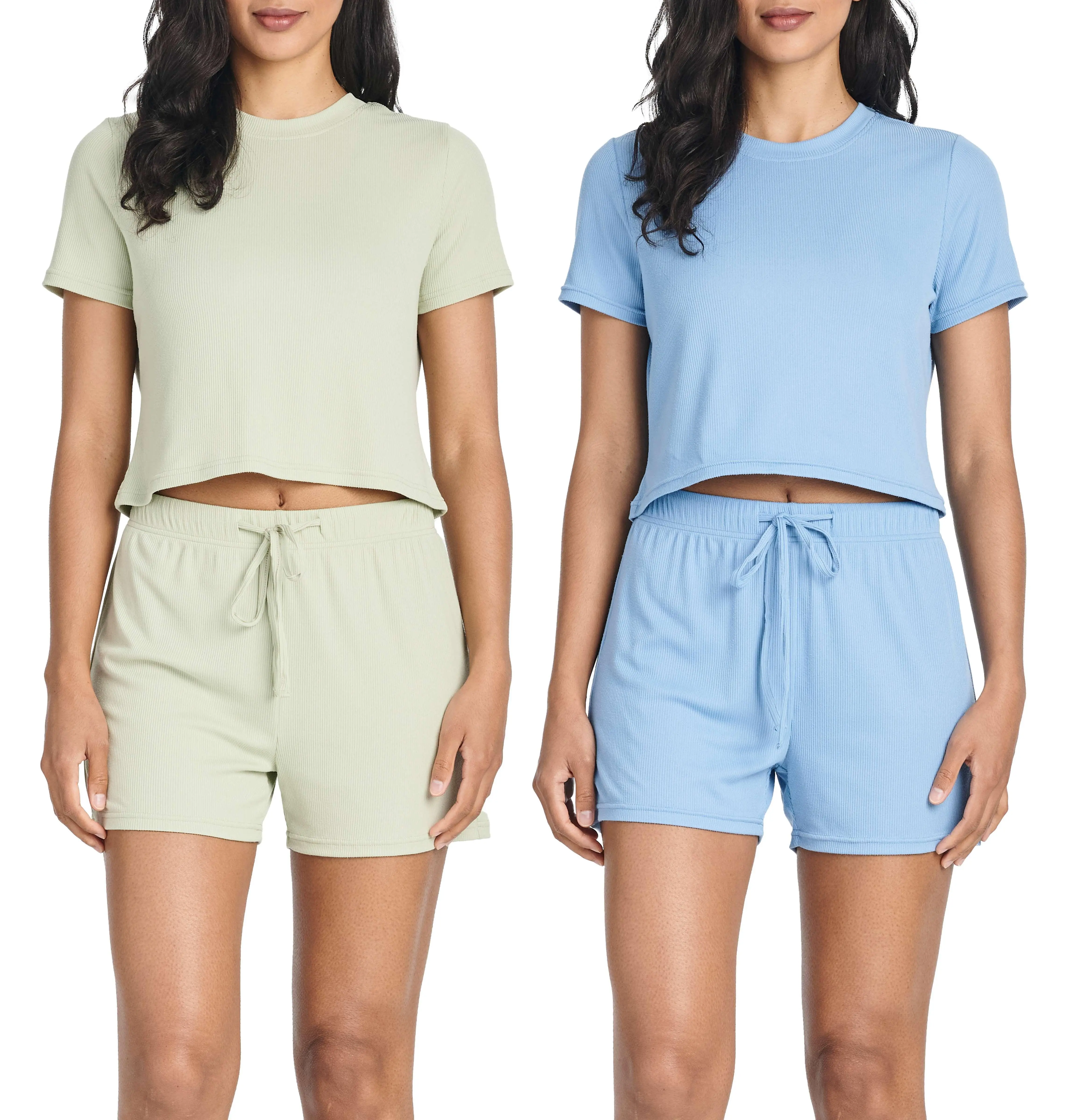 Real Essentials 2 Pack:Women's Soft Ribbed Knit Crop Top & Short Matching Lounge Set - 4 Piece Summer Sweatsuit