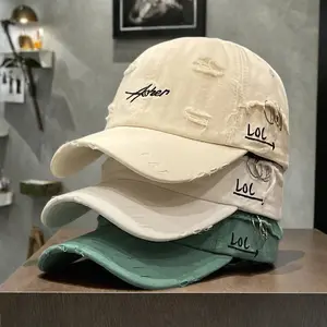Spring/Summer Korean Style Retro American Baseball Cap with Lettering and Ripped Design, Makes Your Face Look Smaller, Unisex High-End Duckbill Cap