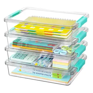 4pcs Transparent Plastic Storage Boxes with Lids, Stackable Art Supplies Organizer, Home Office Craft Container Set, Durable & Space-Saving Design
