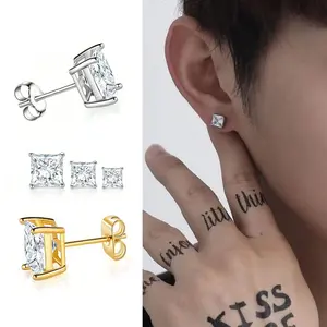 Moissanite Square Shape Princess Cut Earrings for Men - Silver & Gold Options - Perfect Birthday Gift - Versatile Wedding & Holiday Party Jewelry - Elegant Thick Studs gifts  friends