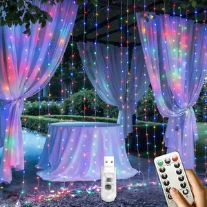 DAYBETTER 300LED Fairy Curtain Lights, 9.8x9.8Ft USB Plug-in 8 Modes Christmas String Hanging Lights with Remote for Bedroom Backdrop Wedding Indoor Wall Decor, Multicolor, Standard – 1 Pack