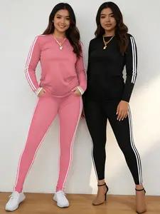 Trendy 2025 Plus Size Women's Minimal Casual 2 Piece Set - Vertical Striped Long Sleeve Top & Slim Stretch Leggings, Soft Comfy Basic Wear, All Black Outfit | TikTok Fashion Must-Have Everyday Essential Tracksuit