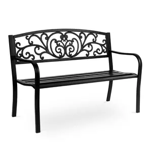 50 Inches Outdoor Garden Bench, Cast Iron Metal Frame Patio Park Bench with Floral Pattern Backrest, Arch Legs for Porch Lawn Garden Yard(Black)