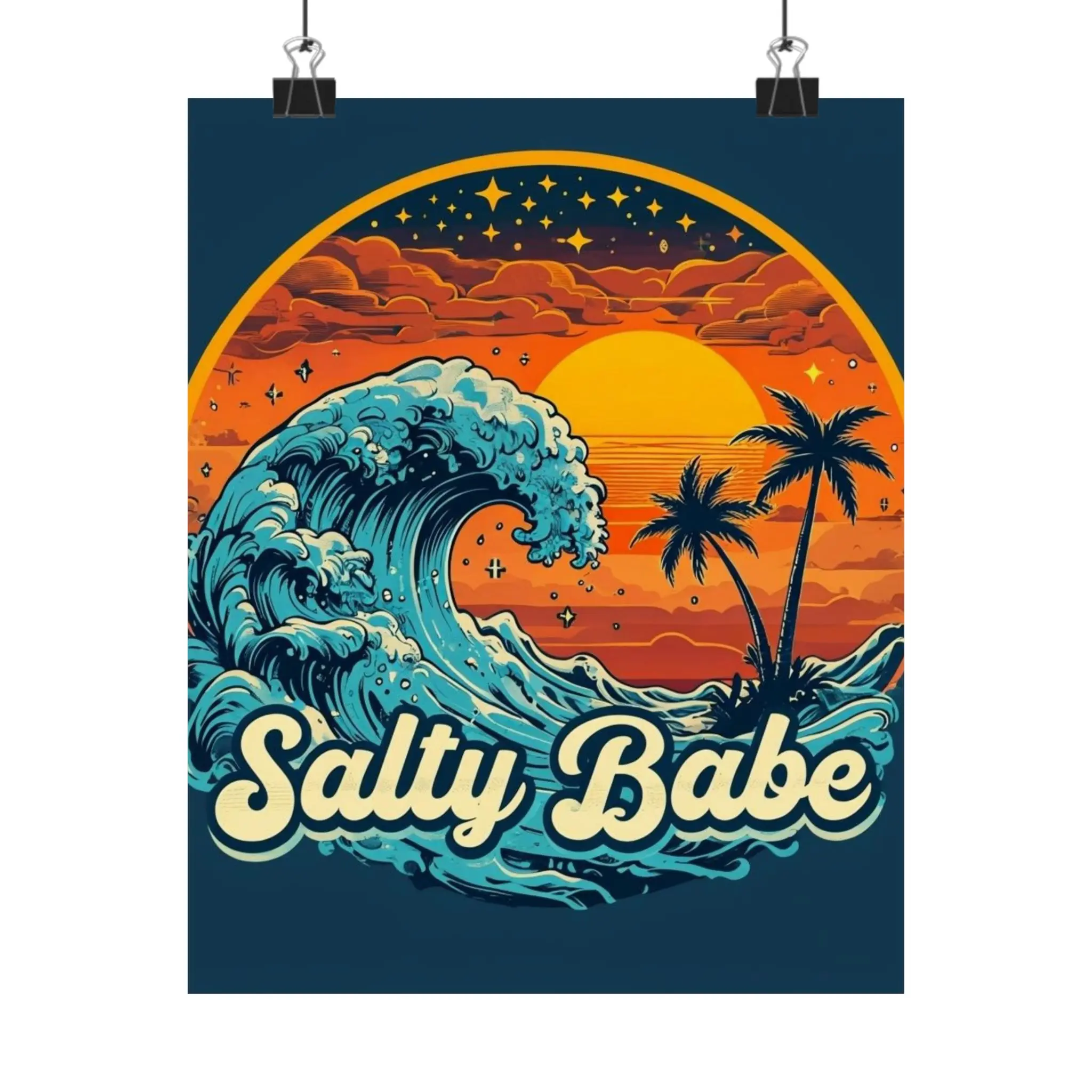 Salty Babe Retro Wave Sunset Poster, 8x10 Matte Vertical Beach Art Print, Home Decor Artwork for Frames, 8\ X 10\, Wall