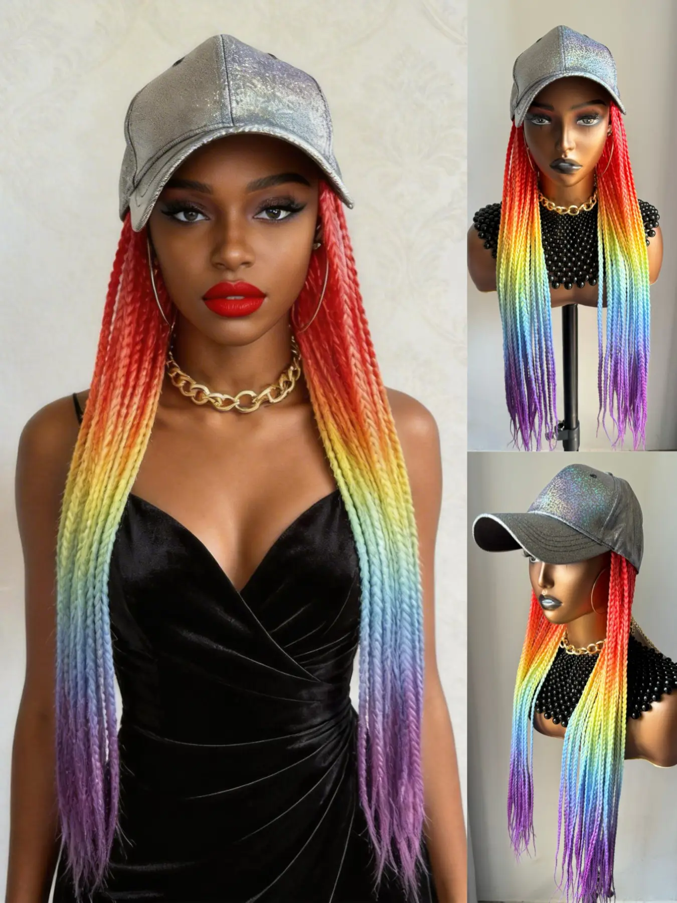 Ombre 26INCH Long Vibrant Ombre Neon Rainbow Box Braided Synthetic Wig With Silver Baseball Cap Braiding Hair Extensions For Black Women Box Braided Wigs Box Braids Wig