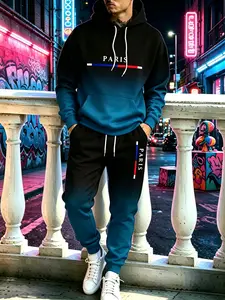 Men’s autumn/winter two-piece athletic set featuring a gradient blue-black 3D digital all-over print hoodie and jogging pants; versatile everyday streetwear with Paris letter stripe pattern, loose casual fit, suitable for multiple occasions.